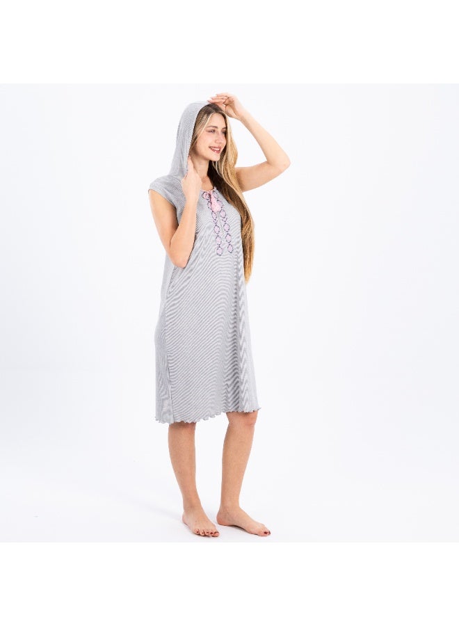 zecotex  Women's Ribbed Cotton Hooded Home Dress - Sleeveless Loungewear with Embroidered Neckline - Light Grey. - Image 3